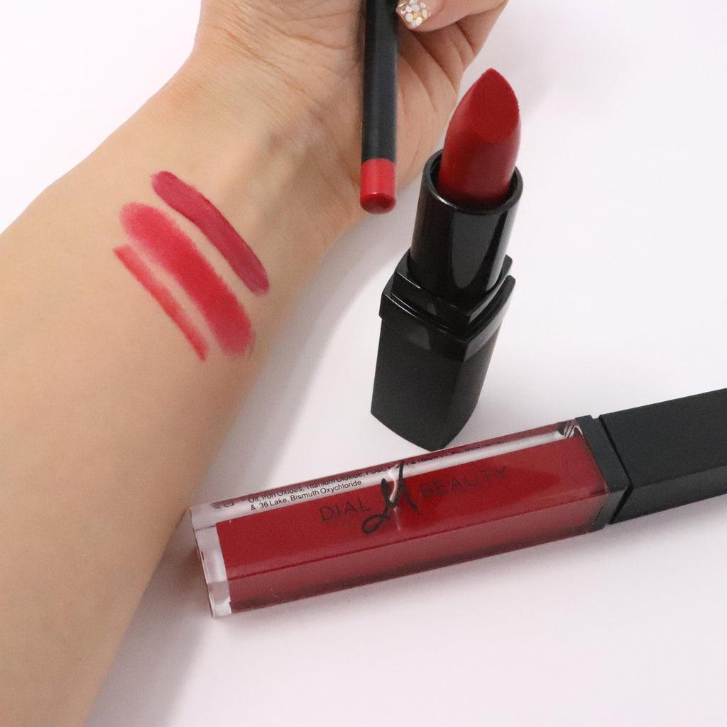 Red Lip Kit - LIpstick, Lipgloss, and Lip Pencil with Gift Box